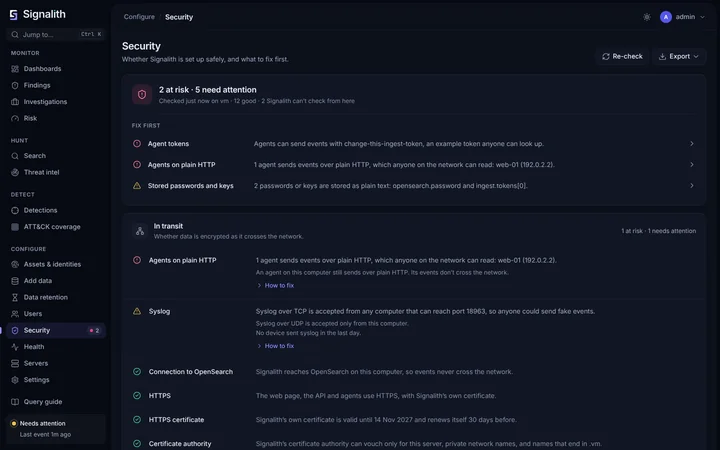 The Signalith Security page listing what to fix first and whether data is encrypted in transit.